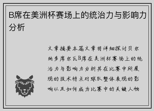 B席在美洲杯赛场上的统治力与影响力分析